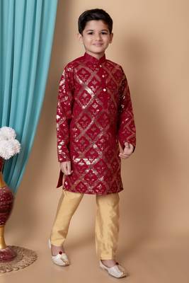 embroidery & sequins work dupion silk kurta and pajama set for boys 3