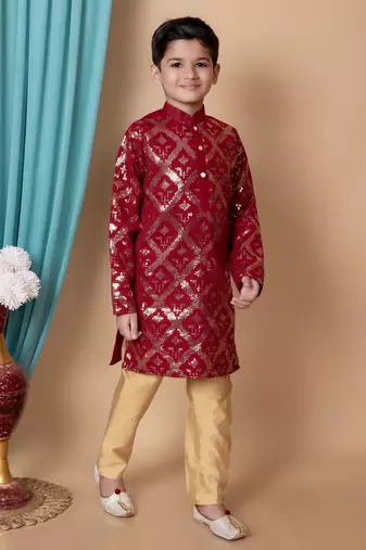 embroidery & sequins work dupion silk kurta and pajama set for boys