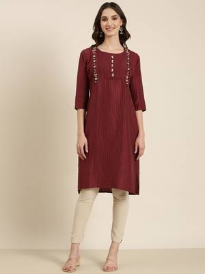women's knee length round neck magenta striped straight kurta 2