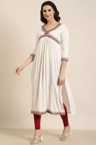 women's calf length v-neck cream solid anarkali kurta comes with duppatta
