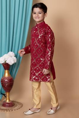 embroidery & sequins work dupion silk kurta and pajama set for boys 4