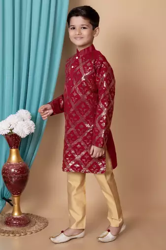 embroidery & sequins work dupion silk kurta and pajama set for boys