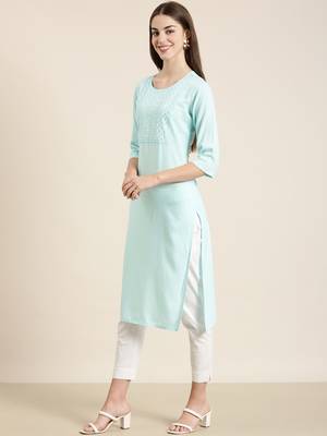women's knee length round neck blue solid straight kurta 4
