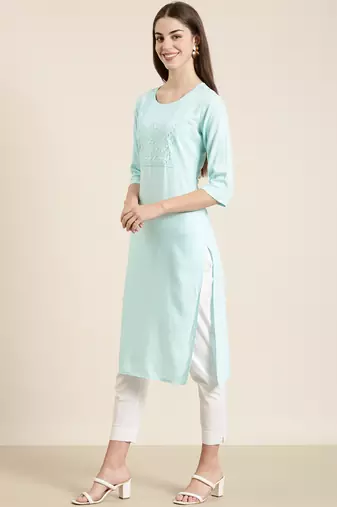 women's knee length round neck blue solid straight kurta
