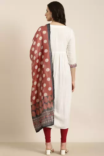women's calf length v-neck cream solid anarkali kurta comes with duppatta