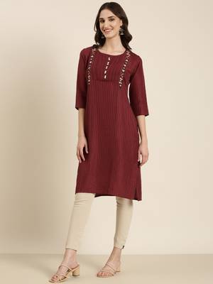 women's knee length round neck magenta striped straight kurta 4