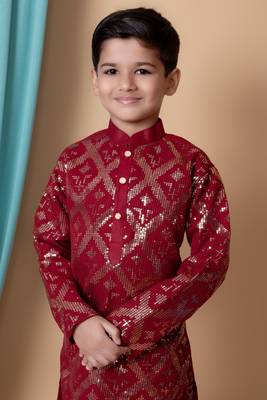 embroidery & sequins work dupion silk kurta and pajama set for boys 5