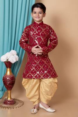 embroidery & sequins work dupion silk kurta and patiyala set for boys 1