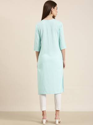 women's knee length round neck blue solid straight kurta 5
