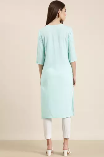 women's knee length round neck blue solid straight kurta