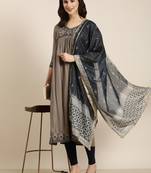 women's calf length v-neck grey solid anarkali kurta comes with duppatta