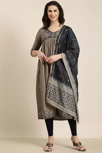 women's calf length v-neck grey solid anarkali kurta comes with duppatta
