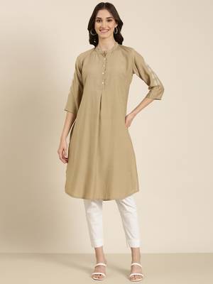 women's calf length round neck beige woven design straight kurta 2