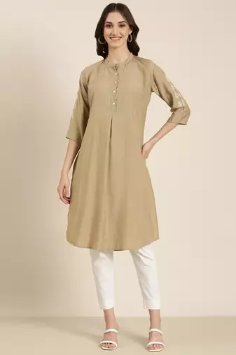 women's calf length round neck beige woven design straight kurta