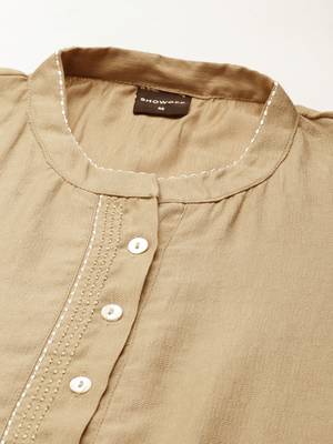 women's calf length round neck beige woven design straight kurta 3