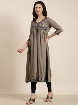 women's calf length v-neck grey solid anarkali kurta comes with duppatta 3