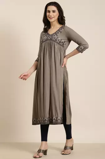 women's calf length v-neck grey solid anarkali kurta comes with duppatta