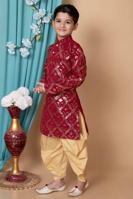 embroidery & sequins work dupion silk kurta and patiyala set for boys 3