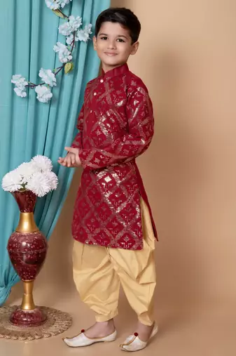 embroidery & sequins work dupion silk kurta and patiyala set for boys