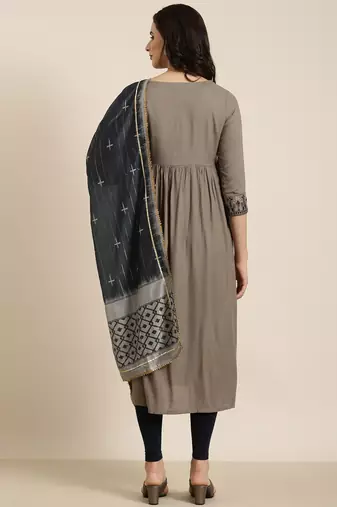 women's calf length v-neck grey solid anarkali kurta comes with duppatta