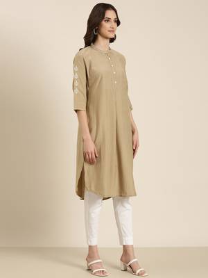 women's calf length round neck beige woven design straight kurta 4