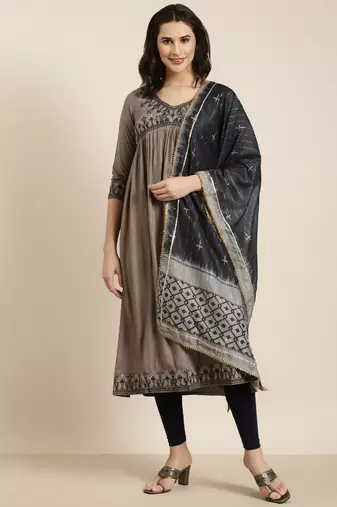 women's calf length v-neck grey solid anarkali kurta comes with duppatta