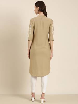 women's calf length round neck beige woven design straight kurta 5