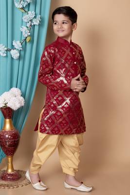 embroidery & sequins work dupion silk kurta and patiyala set for boys 4