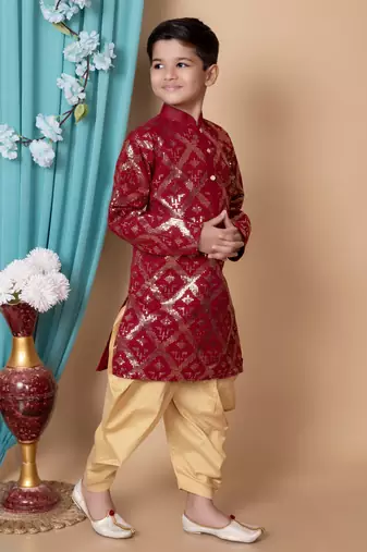 embroidery & sequins work dupion silk kurta and patiyala set for boys