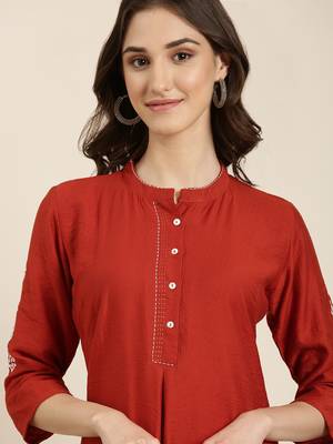 women's calf length round neck rust woven design straight kurta 1