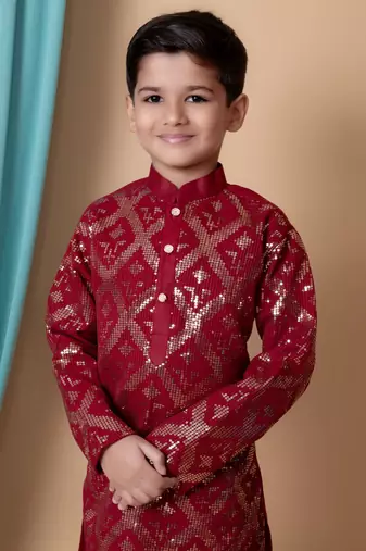 embroidery & sequins work dupion silk kurta and patiyala set for boys