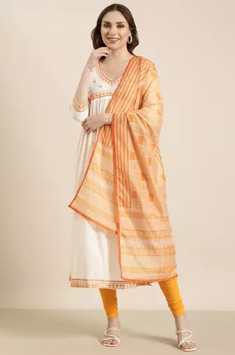 women's calf length v-neck off white solid straight kurta comes with duppatta