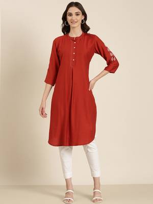women's calf length round neck rust woven design straight kurta 2