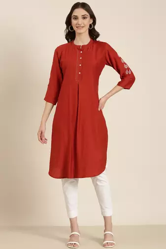 women's calf length round neck rust woven design straight kurta