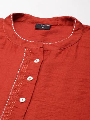 women's calf length round neck rust woven design straight kurta 3
