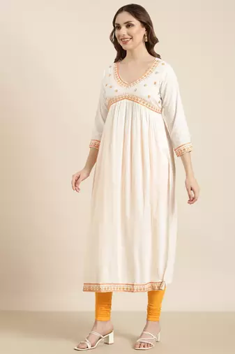 women's calf length v-neck off white solid straight kurta comes with duppatta