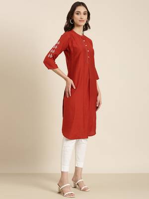 women's calf length round neck rust woven design straight kurta 4