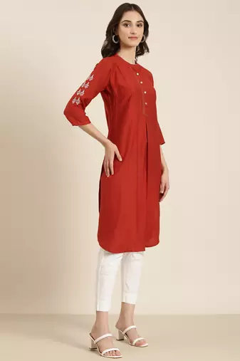 women's calf length round neck rust woven design straight kurta