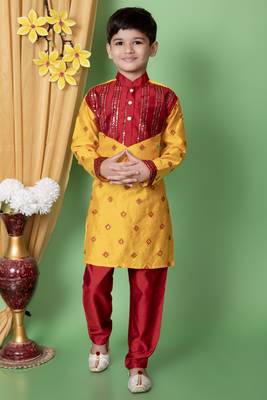 embroidery & sequins work dupion silk kurta and pajama set for boys 1