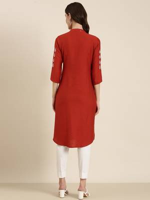 women's calf length round neck rust woven design straight kurta 5