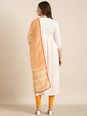 women's calf length v-neck off white solid straight kurta comes with duppatta 4