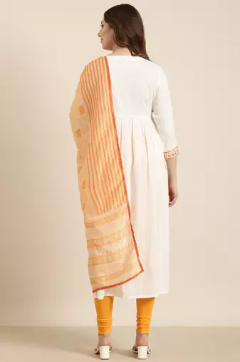 women's calf length v-neck off white solid straight kurta comes with duppatta