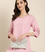 women's knee length round neck pink solid straight kurta