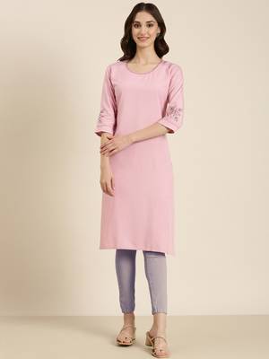 women's knee length round neck pink solid straight kurta 2