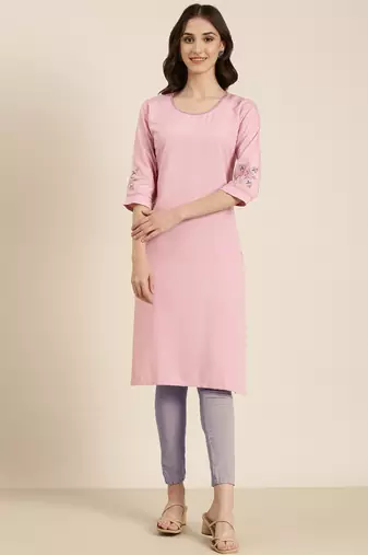 women's knee length round neck pink solid straight kurta
