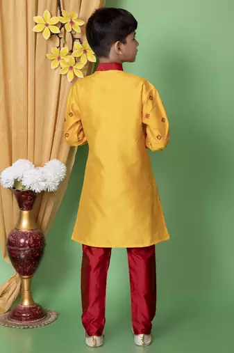 embroidery & sequins work dupion silk kurta and pajama set for boys