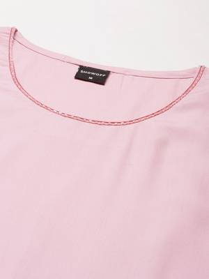 women's knee length round neck pink solid straight kurta 3