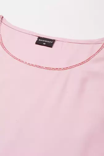 women's knee length round neck pink solid straight kurta