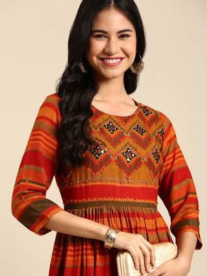 women's ankle length round neck multi tribal anarkali kurta 1