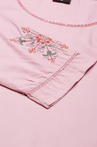women's knee length round neck pink solid straight kurta